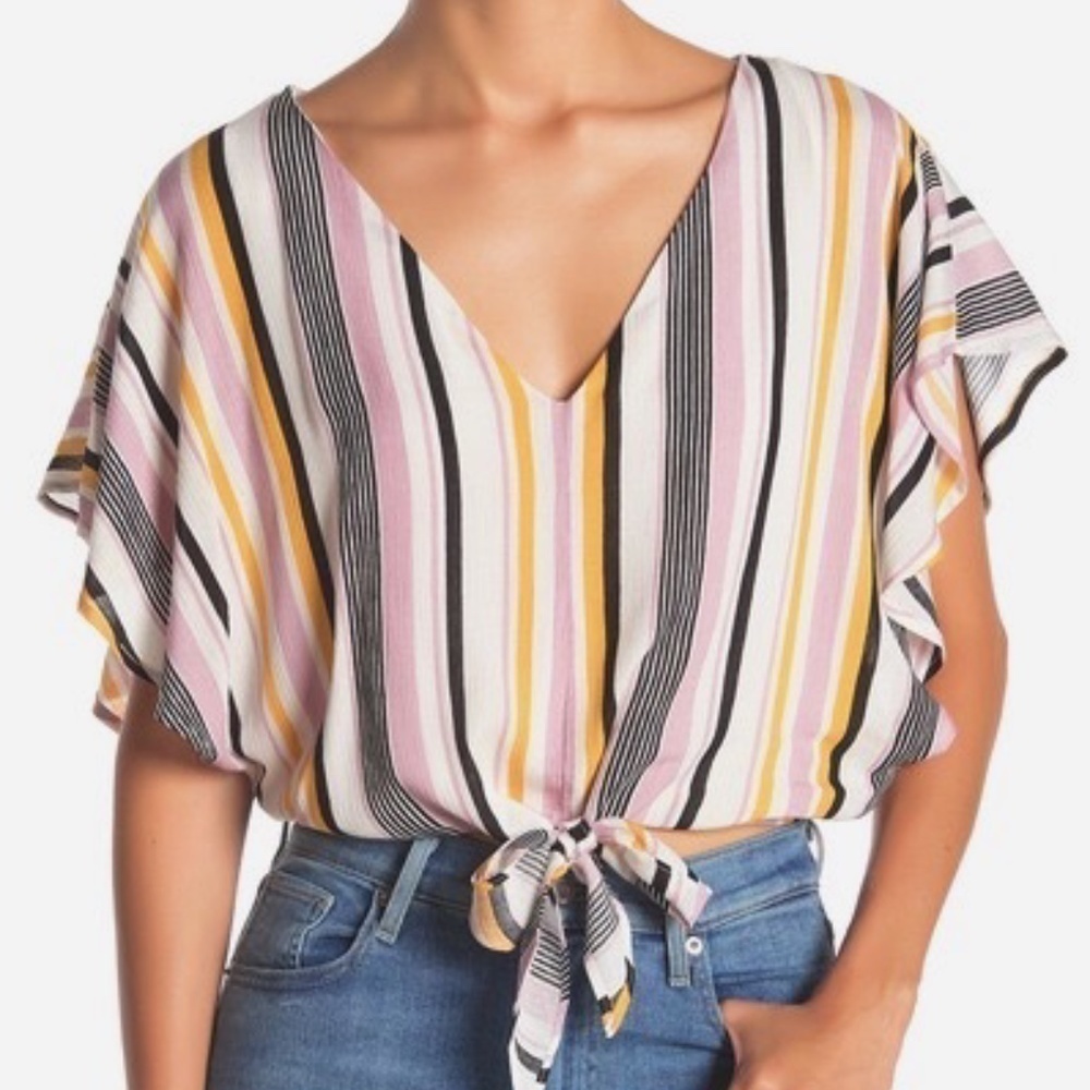 NWT Lumiere V-Neck Stripe Print Front Tie Top- S